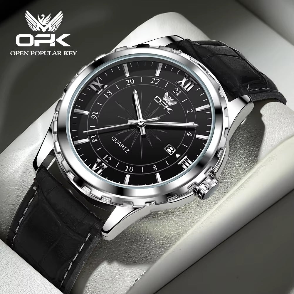 OPK Men's Quartz Watch 6003 - Black dial, black leather strap