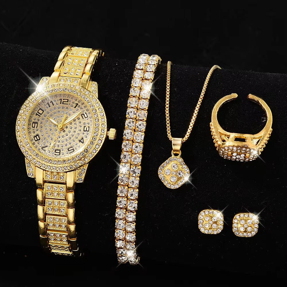 6-Piece Women's Iced Out Crystal Watch & Jewelry Set - Rose Gold