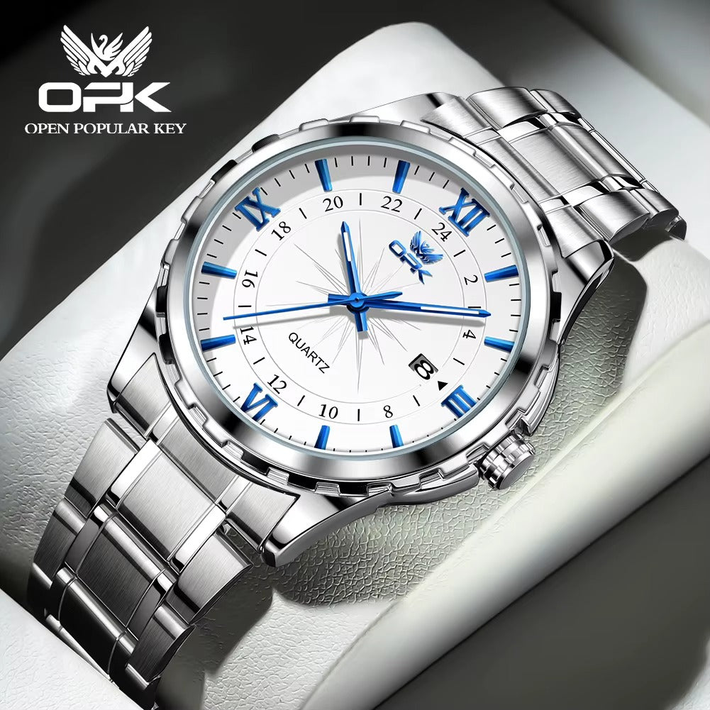 OPK Men's Quartz Watch 6003 - White dial with blue hands, stainless steel bracelet