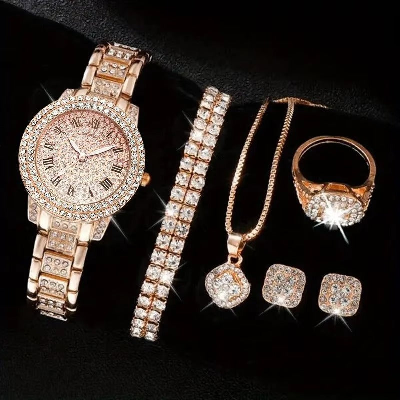 6-Piece Women's Iced Out Crystal Watch & Jewelry Set - Silver Roman Numeral