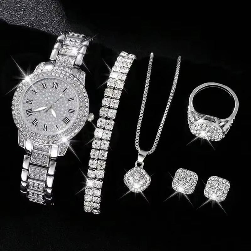 6-Piece Women's Iced Out Crystal Watch & Jewelry Set - Silver Arabic