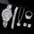 6-Piece Women's Iced Out Crystal Watch & Jewelry Set - Silver Arabic