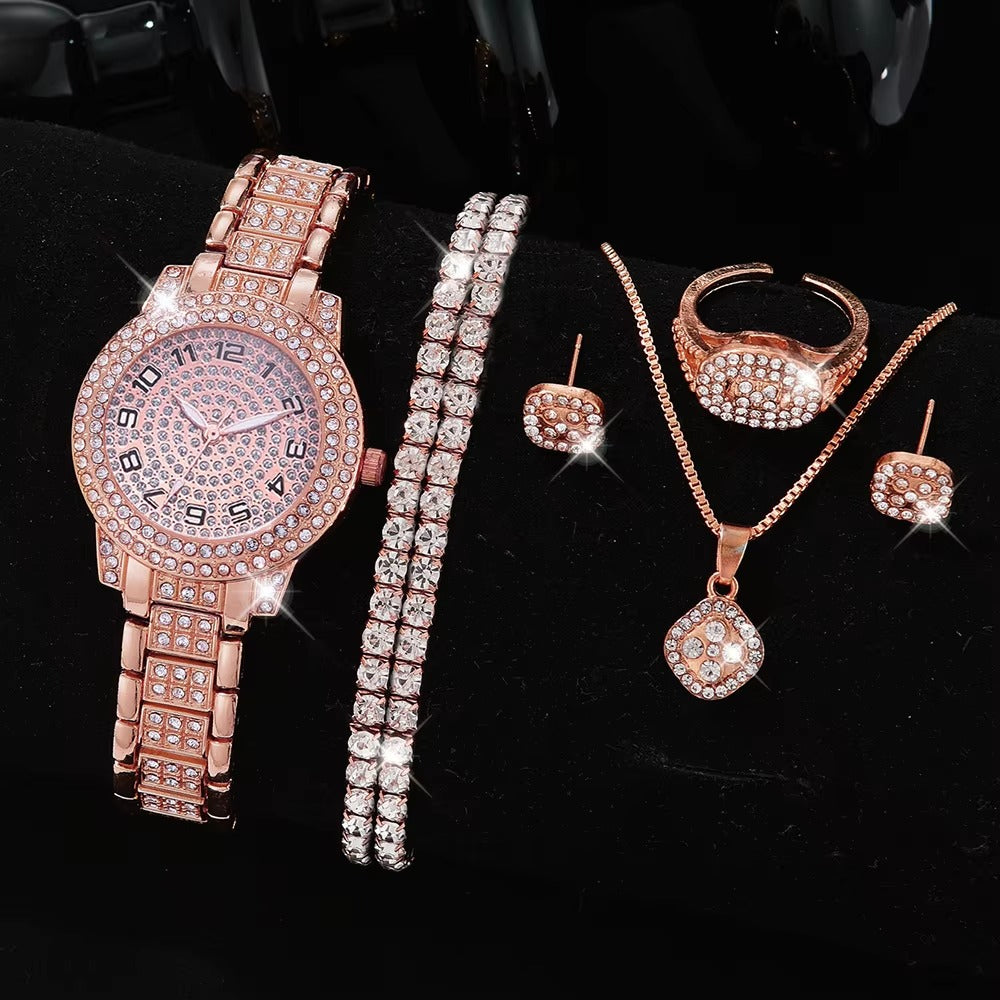 6-Piece Women's Iced Out Crystal Watch & Jewelry Set - Gold Roman Numeral