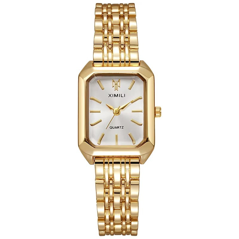 Velora™ women's rectangle quartz watch - gold case with pink dial in jewelry box