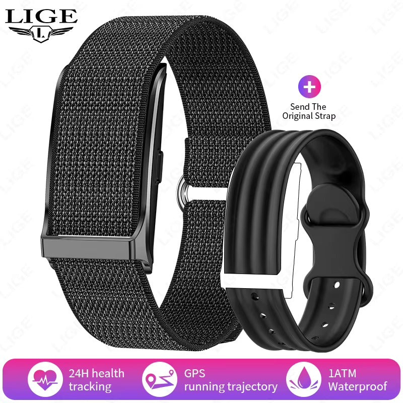 LIGE Smart Fitness Band - Khaki Orange Nylon and Red Silicone Straps