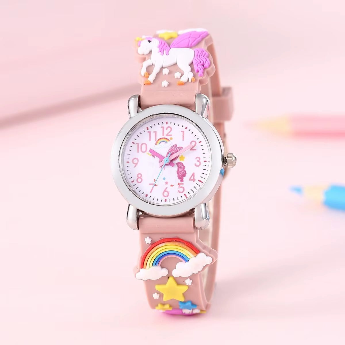 Kids Rainbow Unicorn Pegasus Watch - Pink silicone strap with 3D cartoon charms