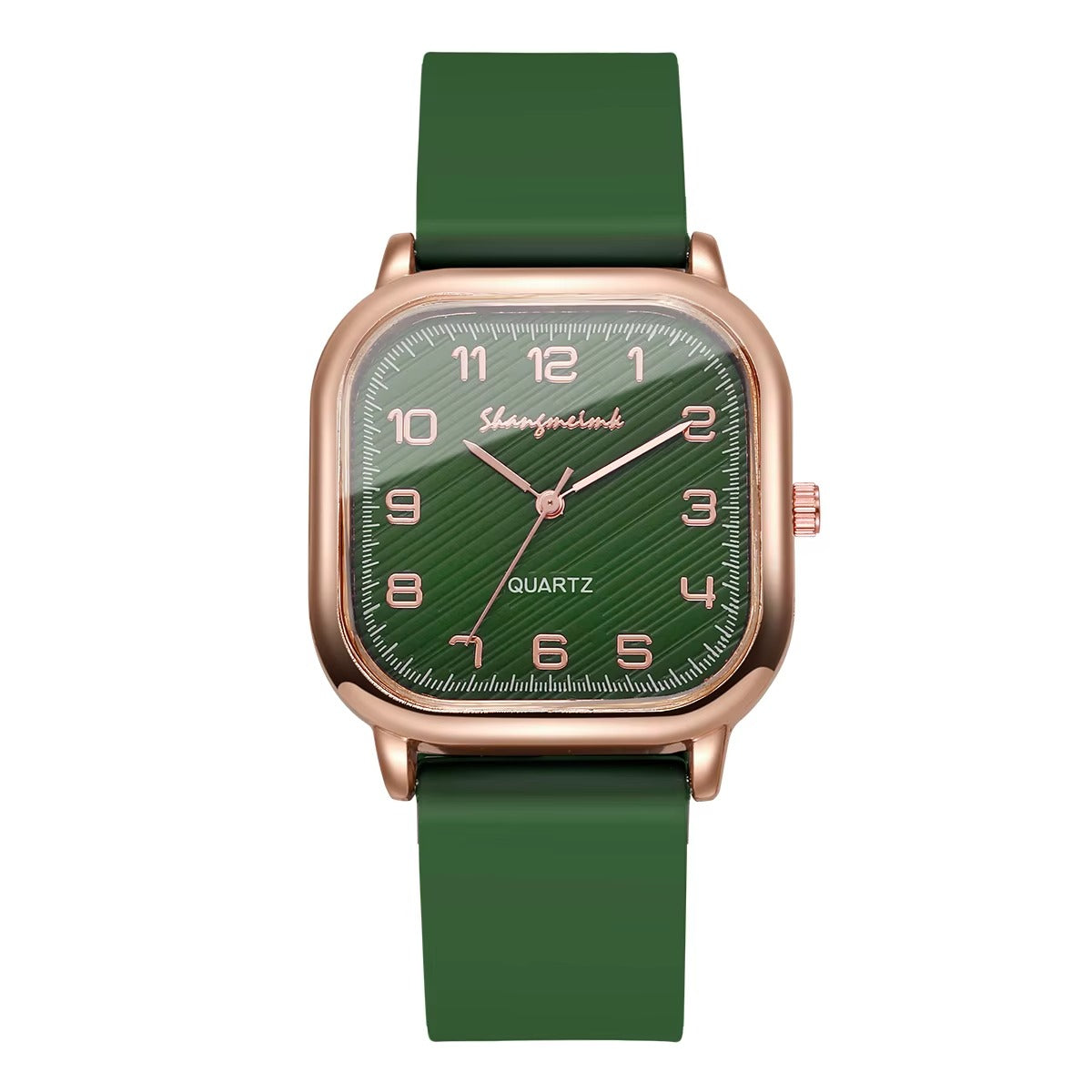 Fashion Square Women's Quartz Watch – Forest Green Silicone Strap Rose Gold Bezel