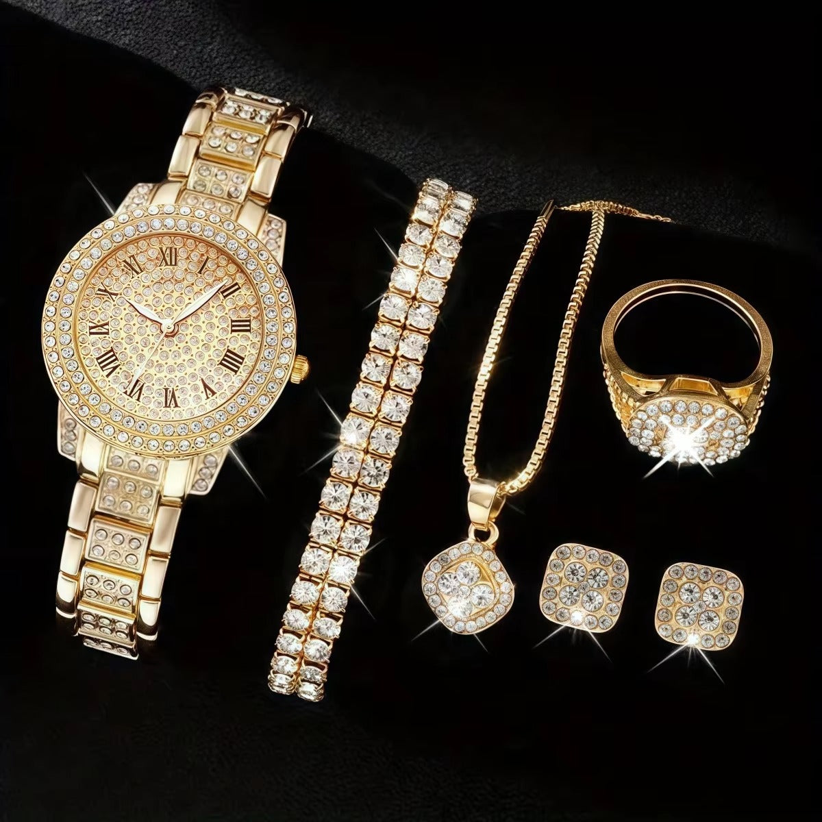 6-Piece Women's Iced Out Crystal Watch & Jewelry Set - Gold Arabic