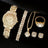 6-Piece Women's Iced Out Crystal Watch & Jewelry Set - Gold Arabic