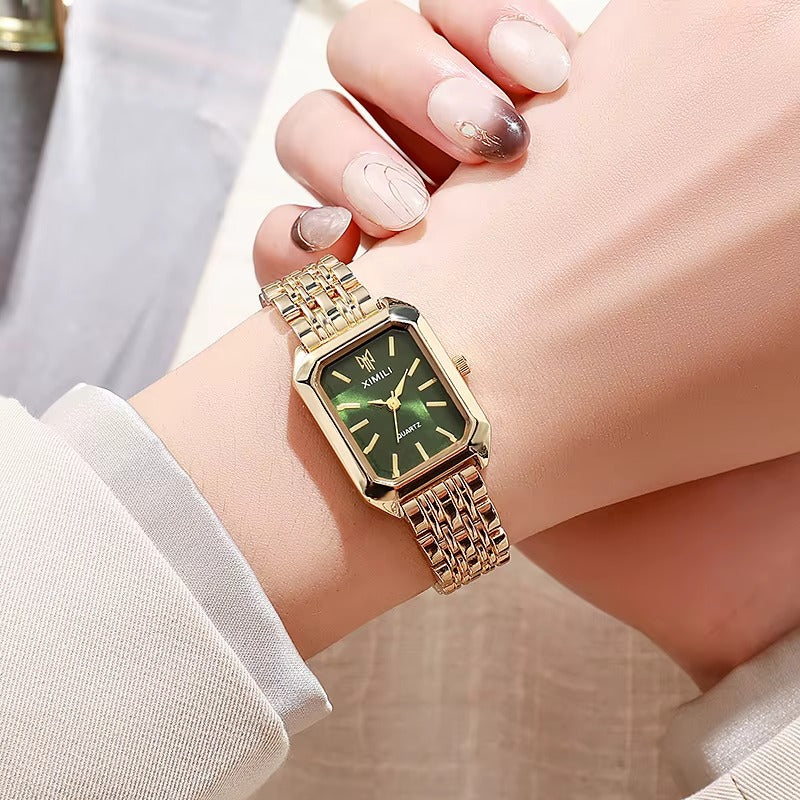Velora™ women's rectangle quartz watch - gold case with black dial on wrist
