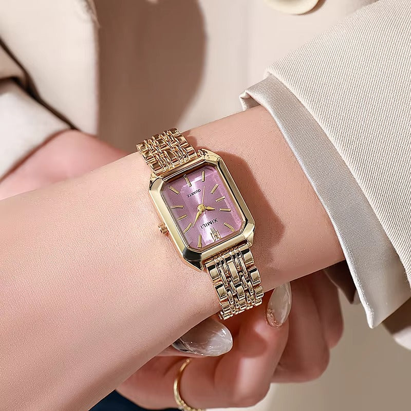 Velora™ women's rectangle quartz watch - silver case with black dial on wrist