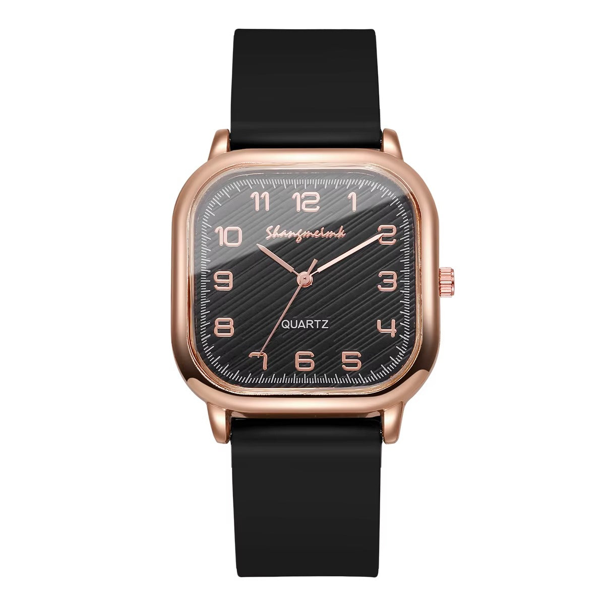 Fashion Square Women's Quartz Watch – Midnight Black Silicone Strap Rose Gold Bezel