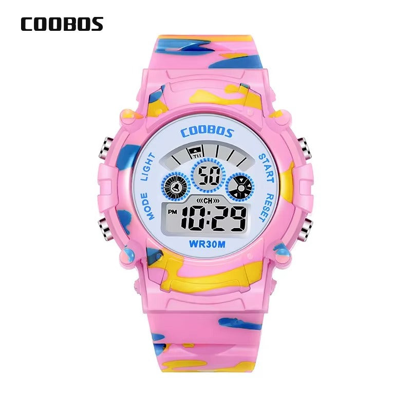 Yellow Camo Kids Digital Sports Watch front view