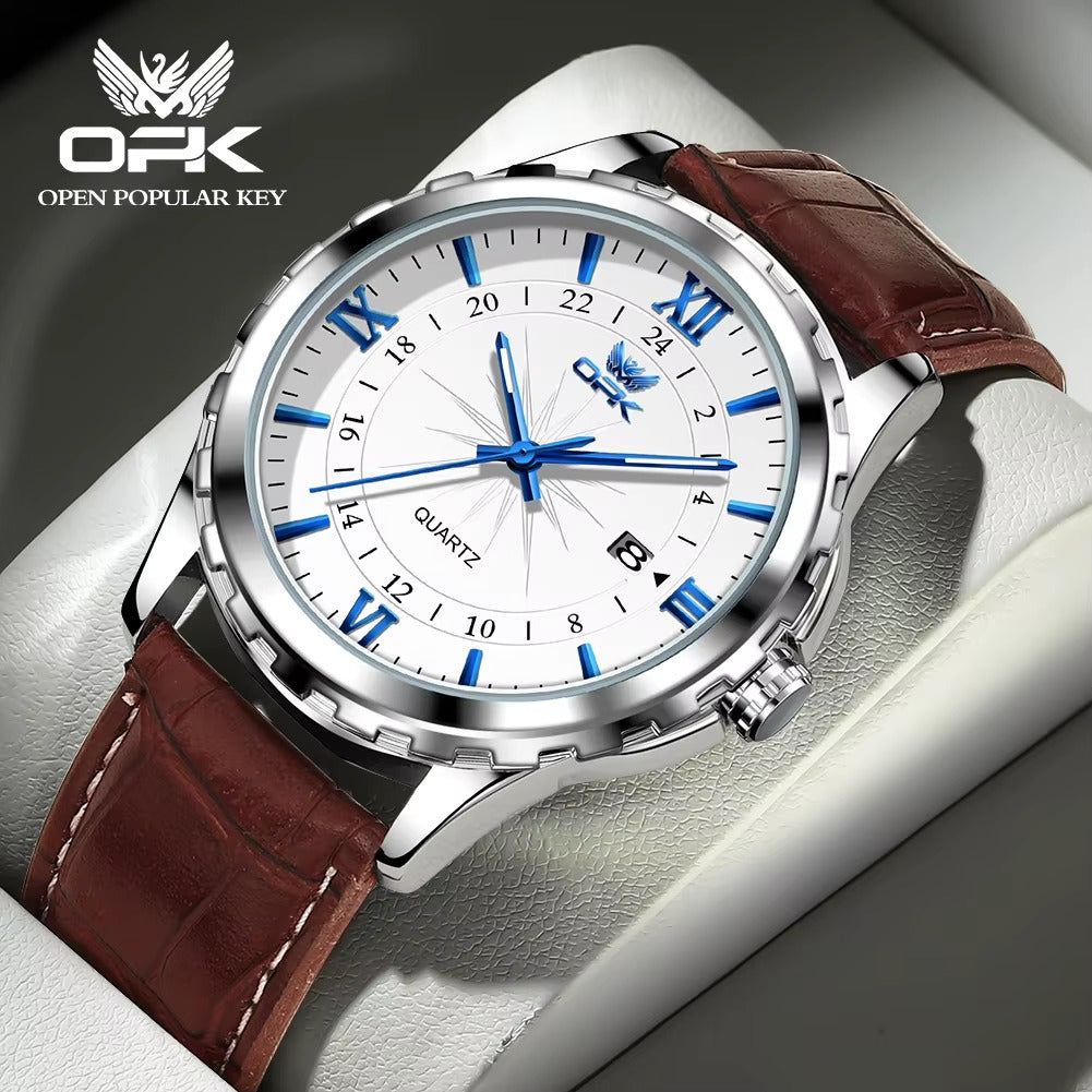 OPK Men's Quartz Watch 6003 - White dial with blue hands, brown leather strap