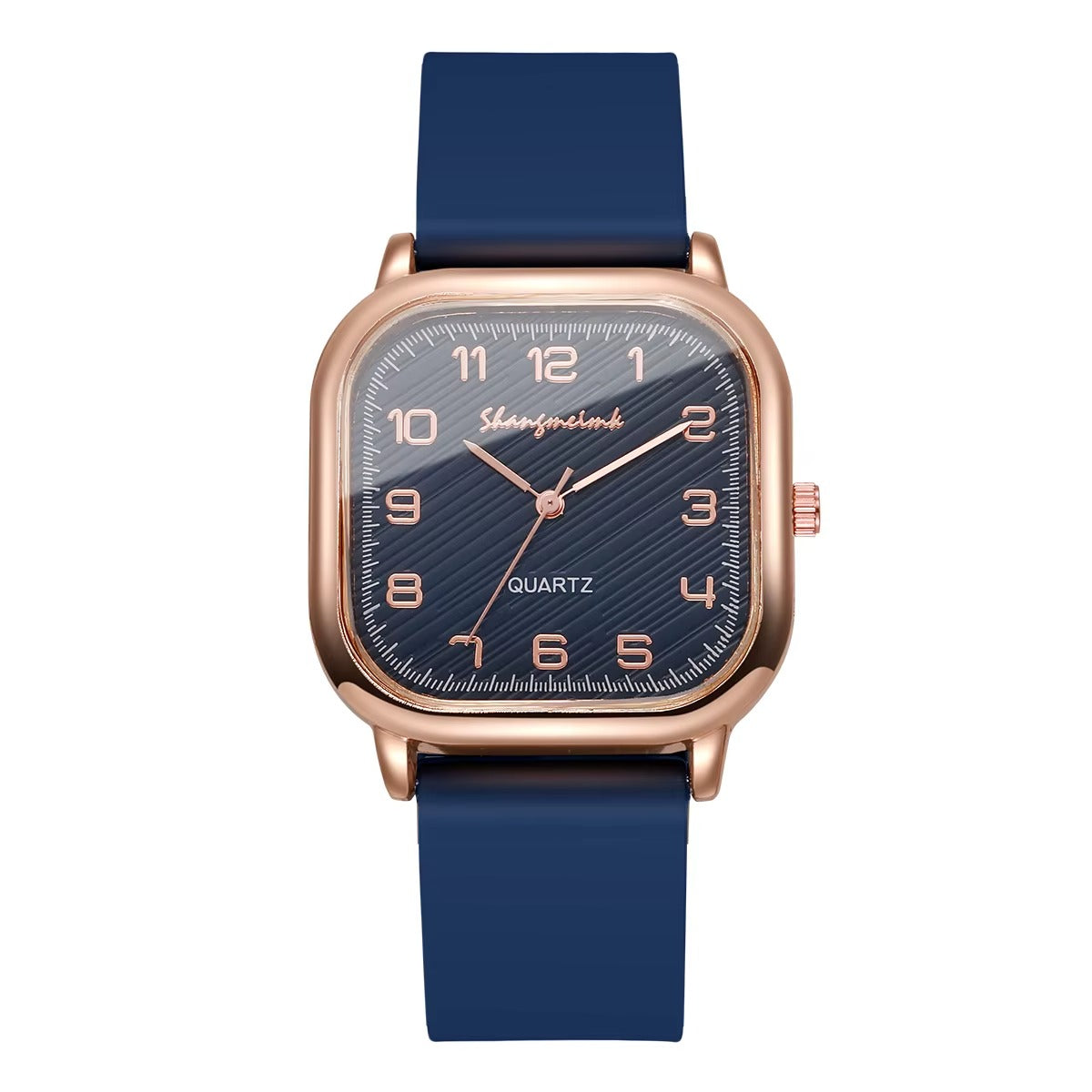 Fashion Square Women's Quartz Watch – Navy Blue Silicone Strap Rose Gold Bezel