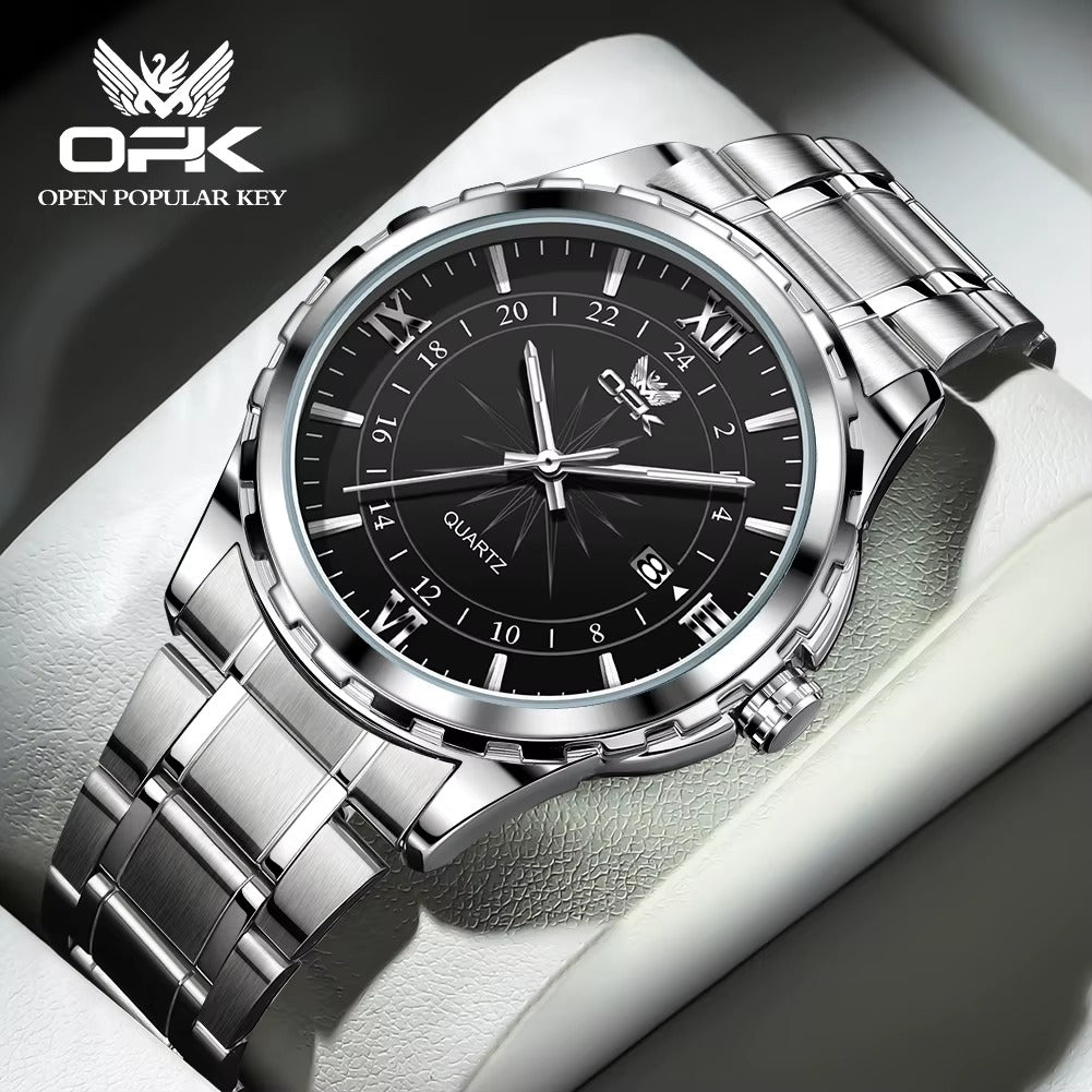 OPK Men's Quartz Watch 6003 - Black dial, stainless steel bracelet