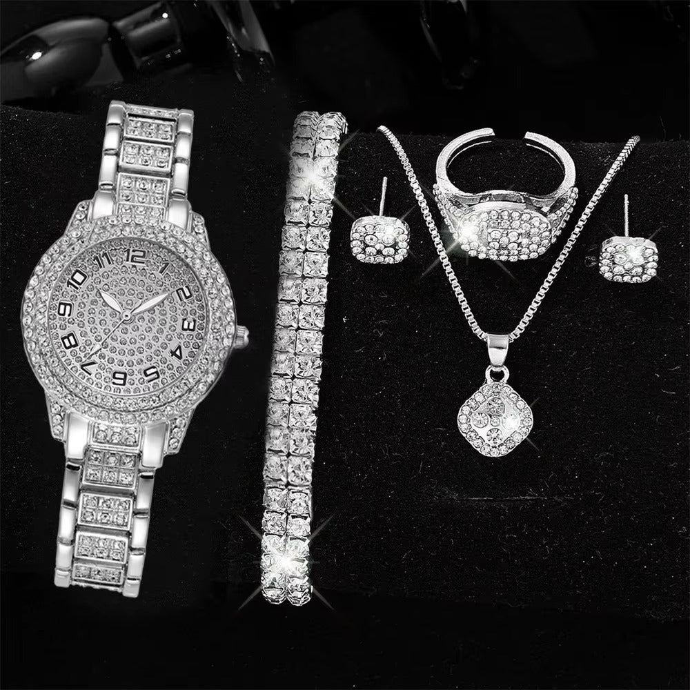6-Piece Women's Iced Out Crystal Watch & Jewelry Set - Rose Gold Roman Numeral