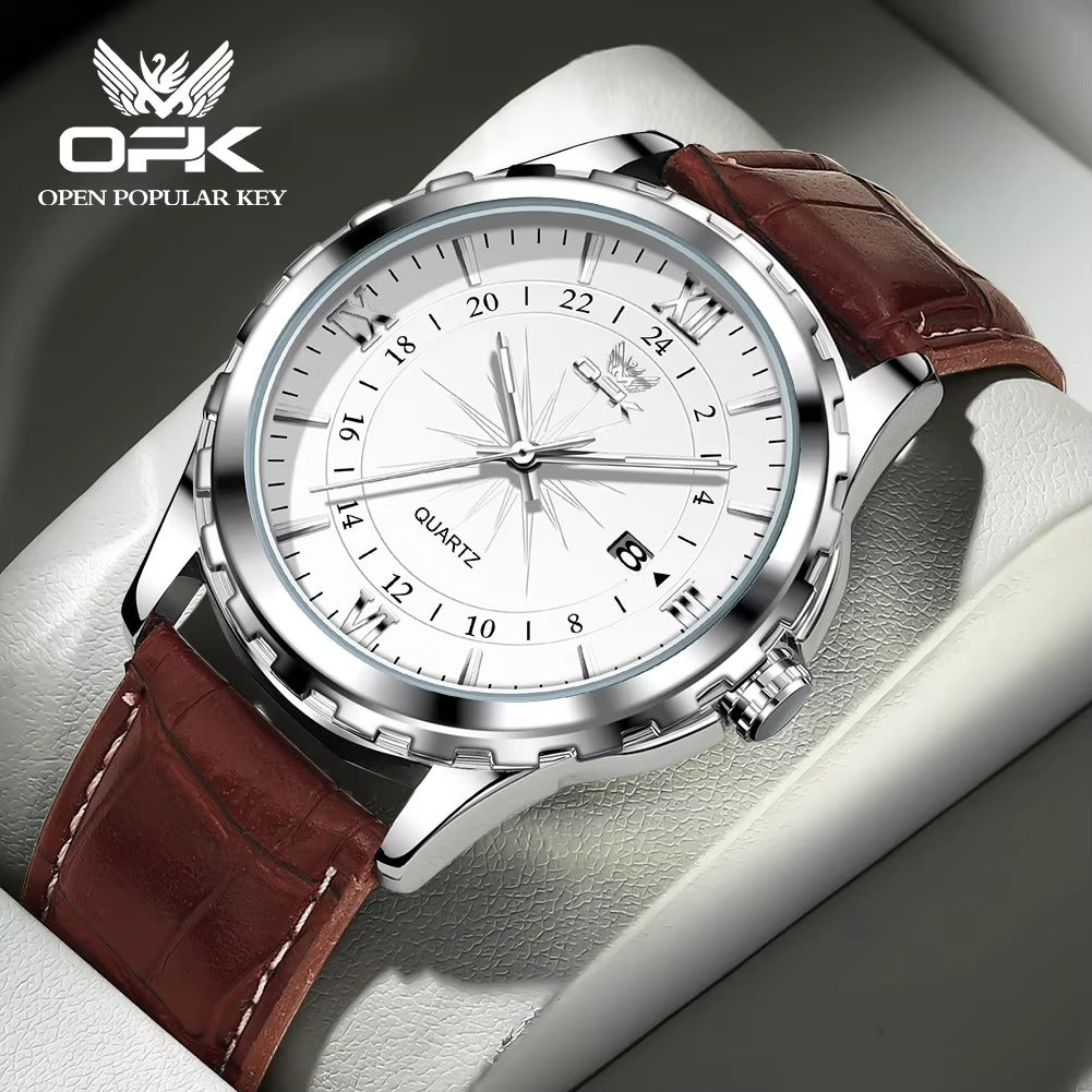 OPK Men's Quartz Watch 6003 - White dial, brown leather strap